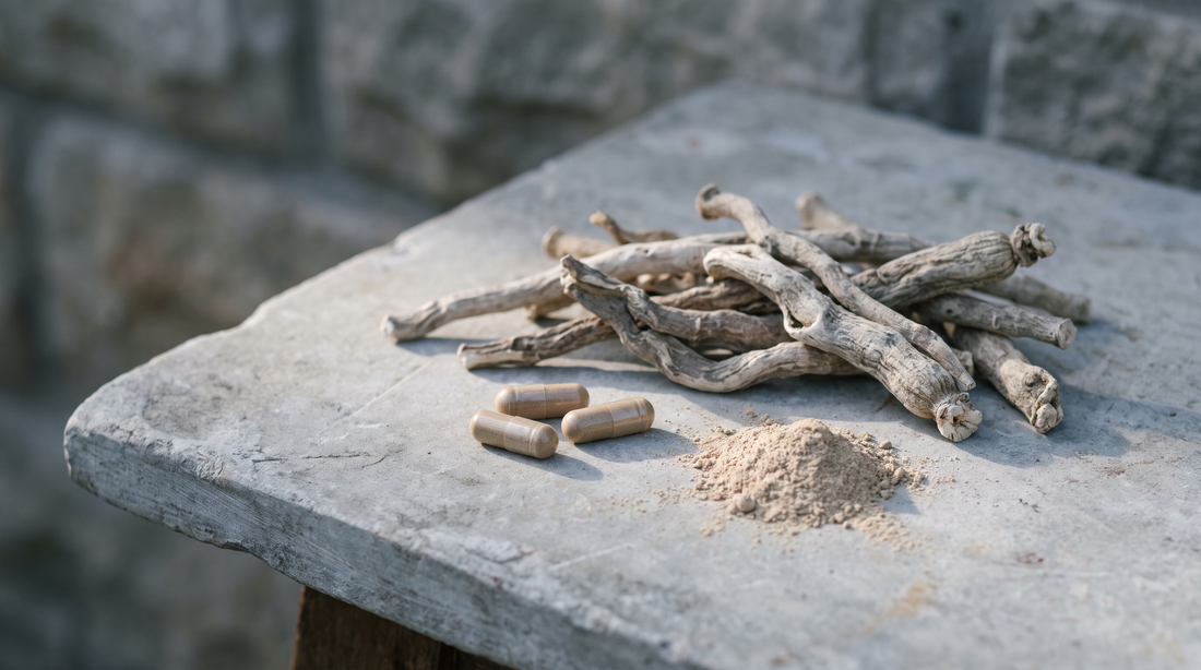Dried ashwagandha roots on pale gray stone beside three plain capsules