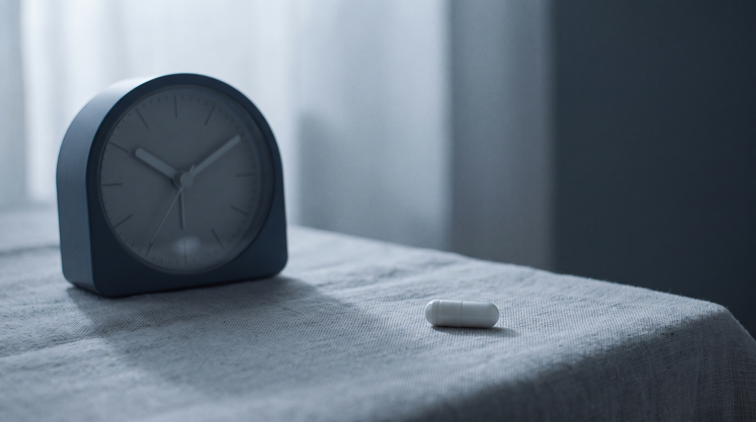 A single white capsule on pale gray linen beside a small analog travel clock