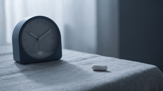 A single white capsule on pale gray linen beside a small analog travel clock