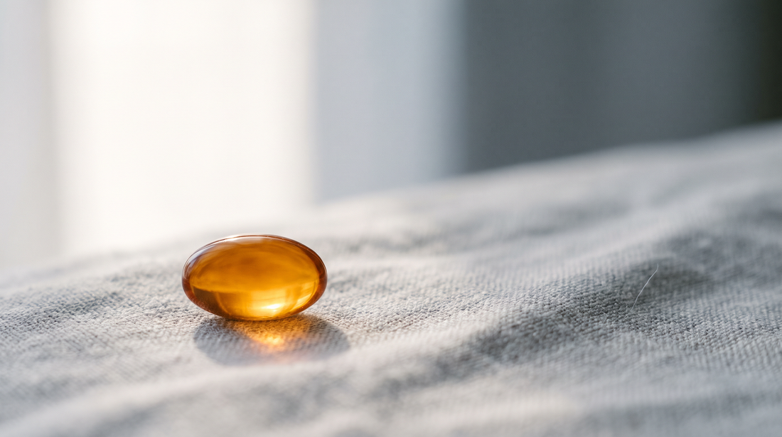 A single translucent amber softgel resting on pale gray linen with light behind it