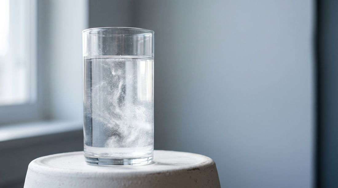 A tall glass of water with fine white powder dissolving through it