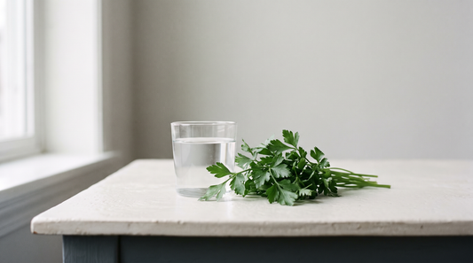 A plain glass of water and a loose bunch of fresh parsley on a bone-white surface