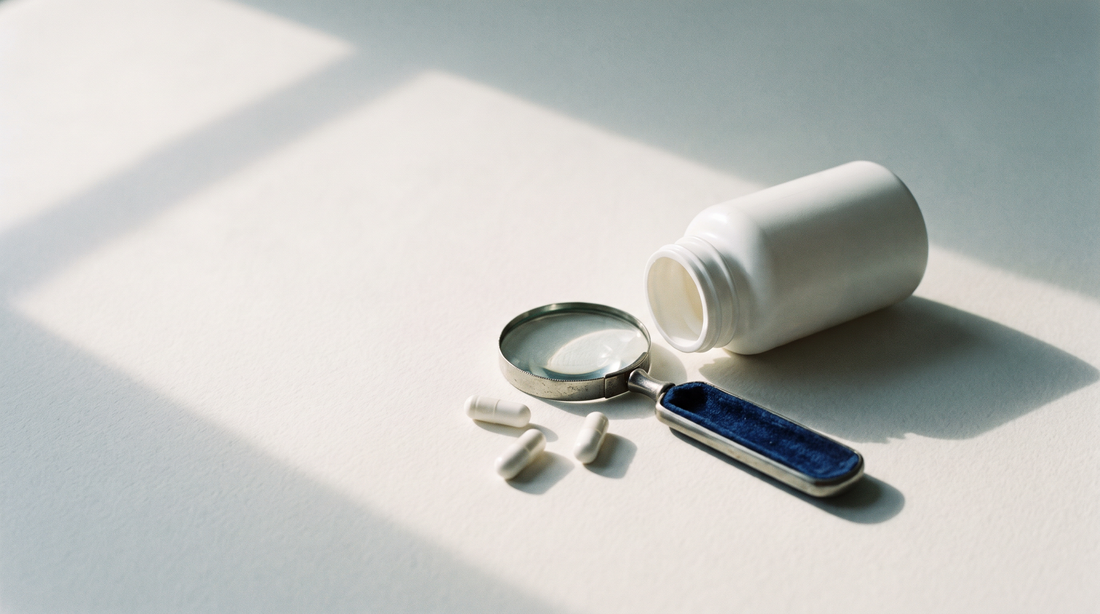 An unbranded white supplement bottle on its side beside a magnifying glass and three capsules