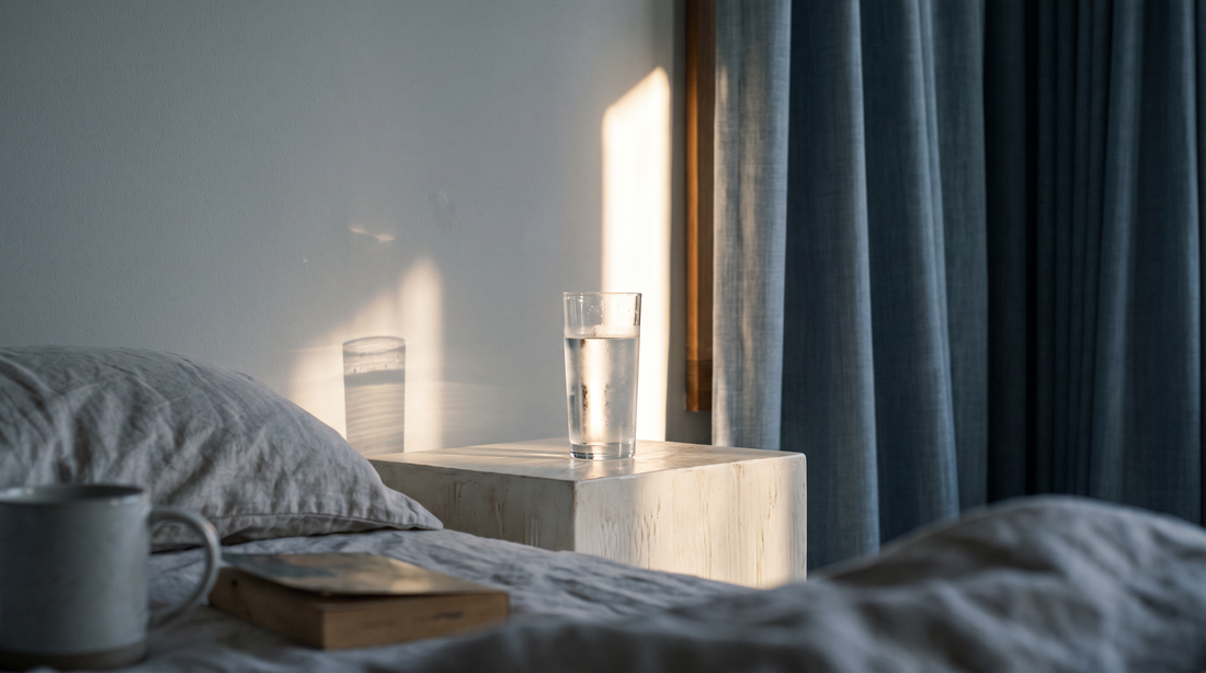 A glass of water on a bedside surface with morning light falling across it