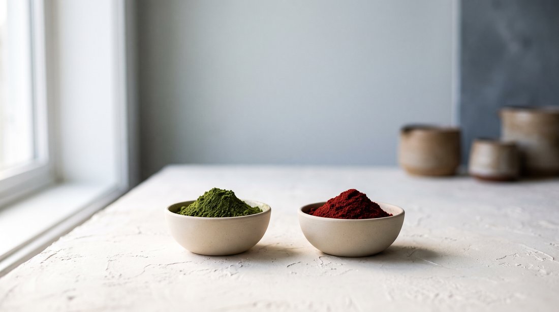 Two small ceramic bowls side by side, one of green powder and one of deep red powder