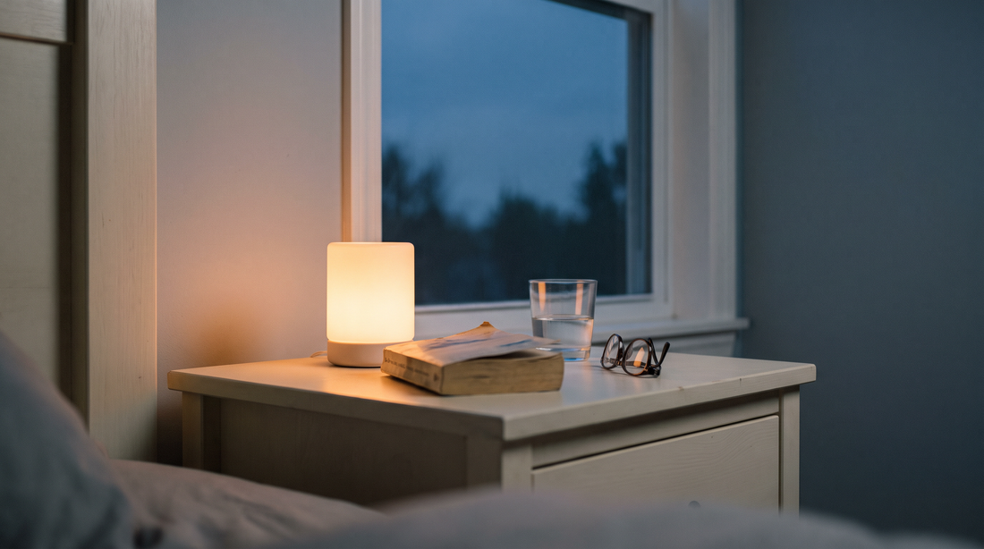 A bedside table at dusk with a small lamp, a book face down and a glass of water