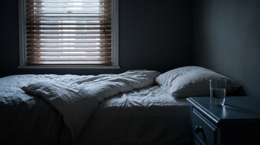 Moonlight through half-open blinds falling across pale rumpled bedding