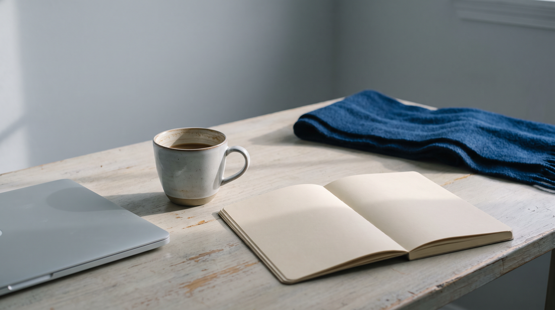 A quiet desk in flat afternoon light with a cold half-finished coffee and a long shadow