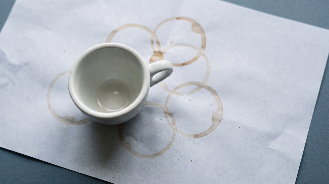 An empty espresso cup shot from overhead, surrounded by several faint coffee ring stains