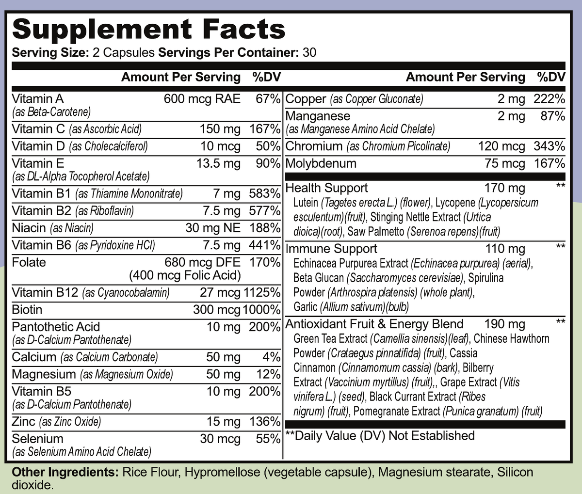 Daily Mosaic Supplement Facts from the printed label: serving size 2 capsules, 30 servings per container, and other ingredients.