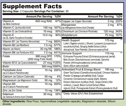 Daily Mosaic Supplement Facts from the printed label: serving size 2 capsules, 30 servings per container, and other ingredients.