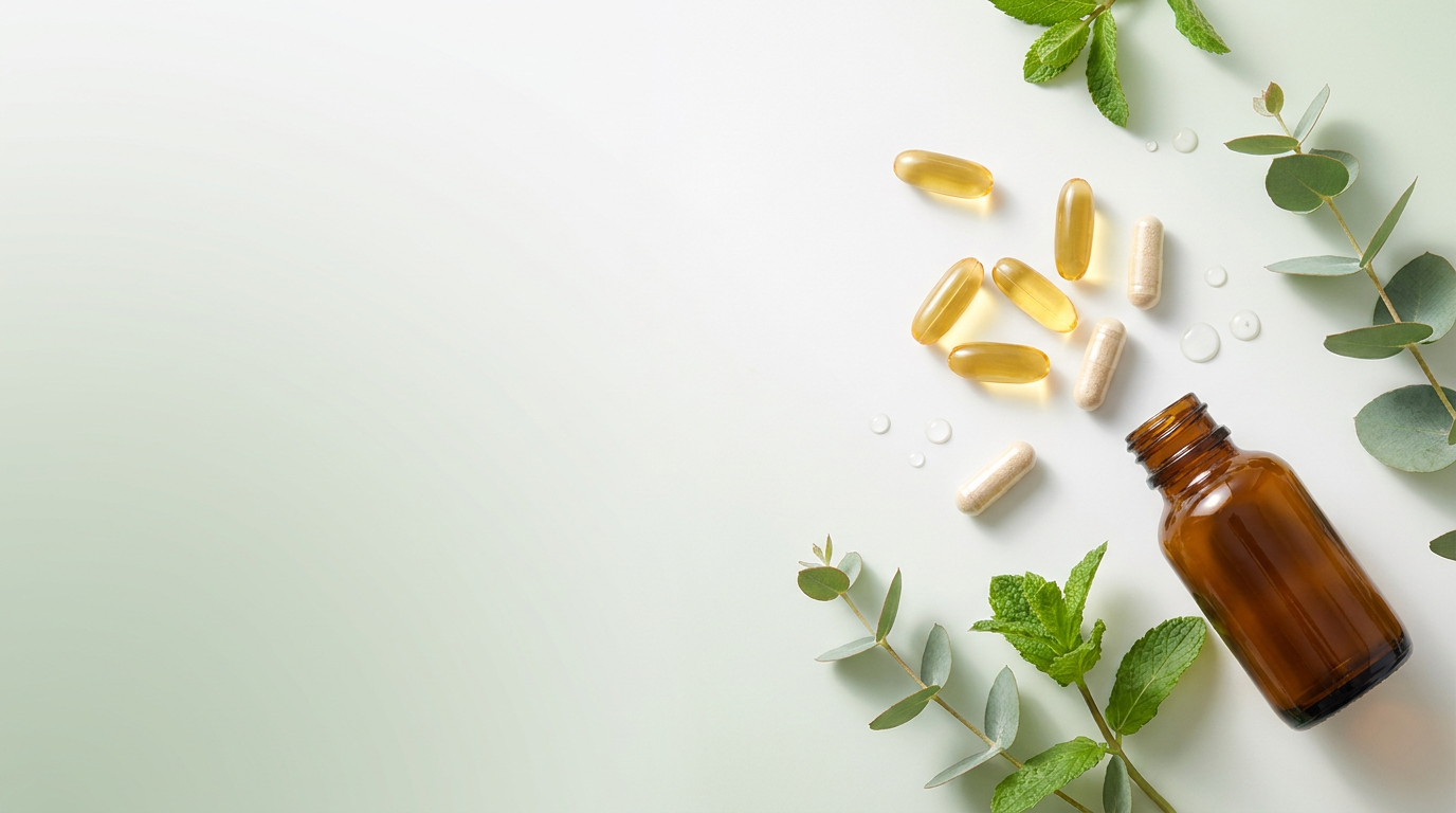 Natural supplement capsules with botanical leaves