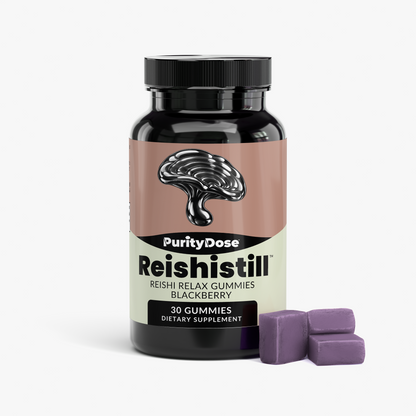 Reishistill Reishi Relax Gummies — bottle with blackberry gummies