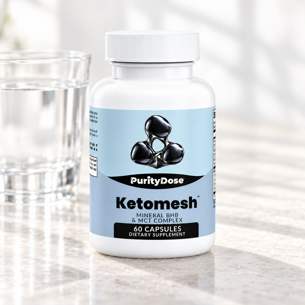 Ketomesh current packaging in a bright glass setting with relevant formula context.