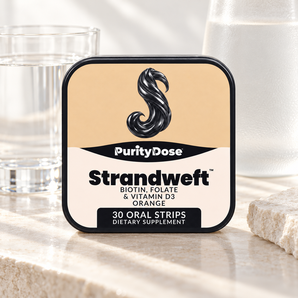 Strandweft current packaging in a bright glass setting with relevant formula context.