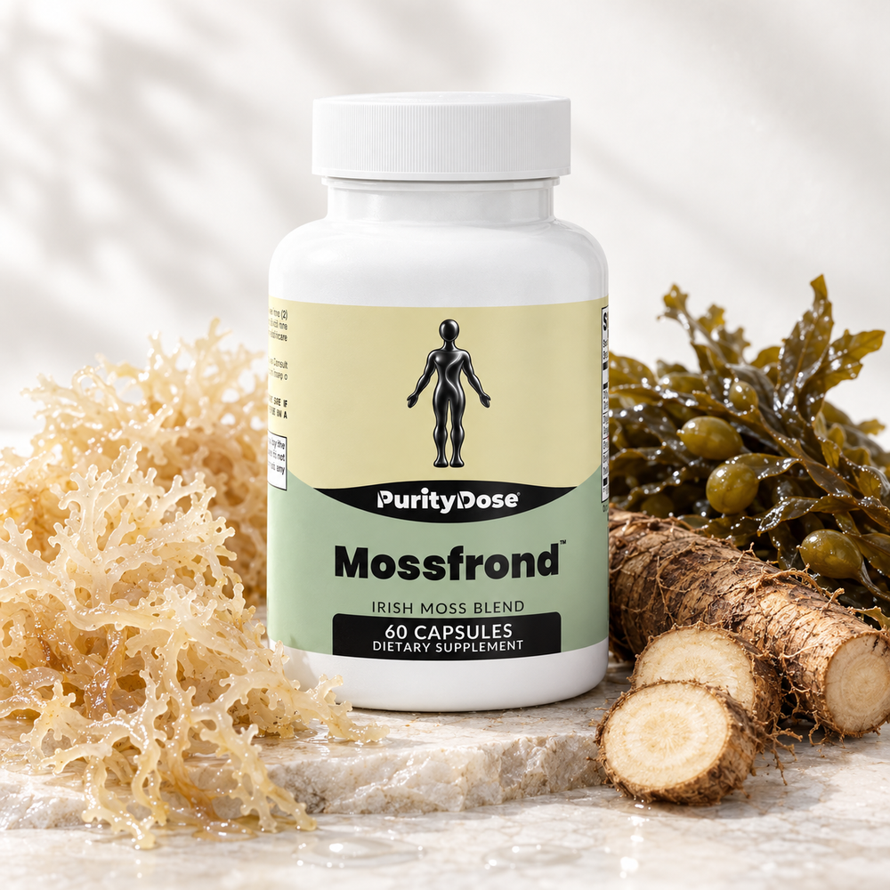 Mossfrond current packaging in a bright glass setting with relevant formula context.