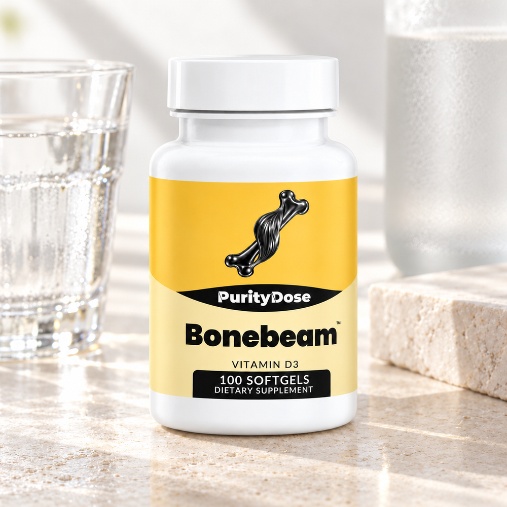 Bonebeam current packaging in a bright glass setting with relevant formula context.