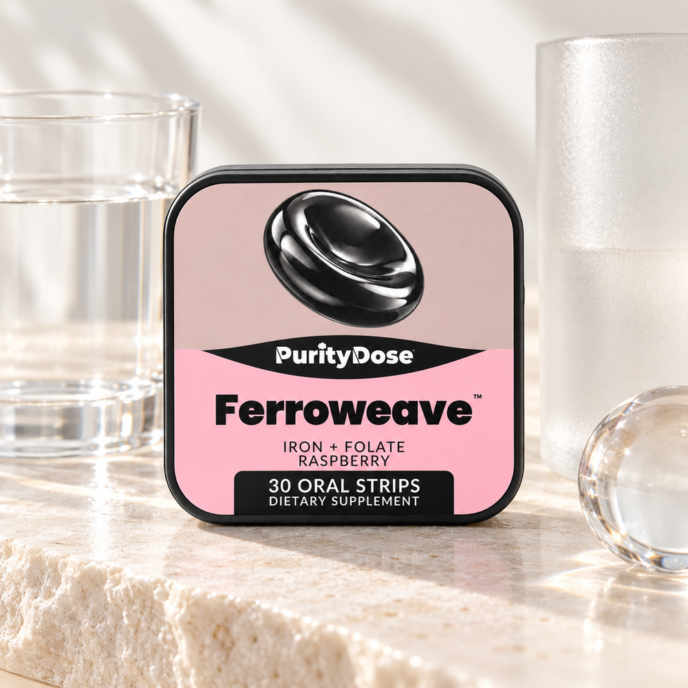 Ferroweave current packaging in a bright glass setting with relevant formula context.