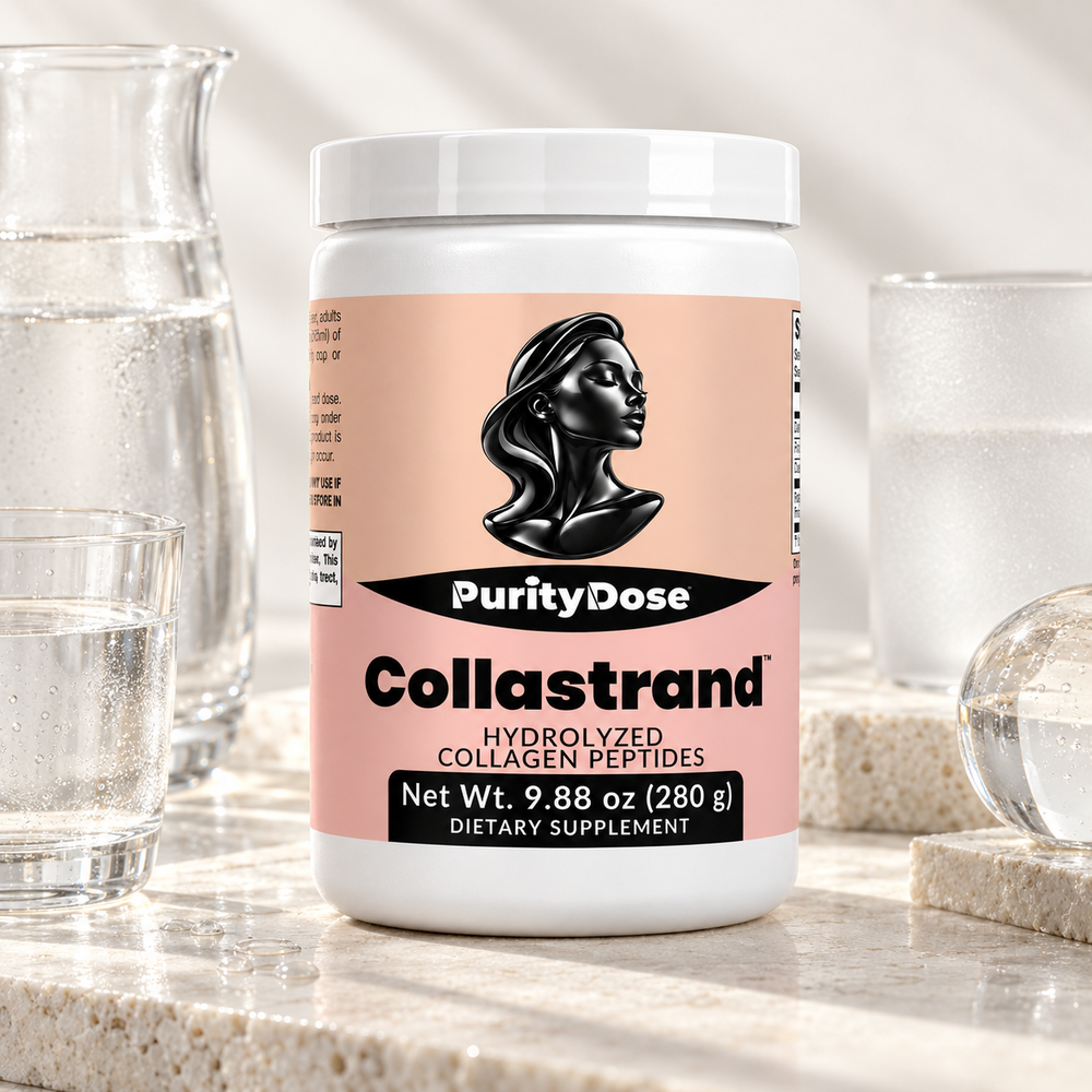 Collastrand current packaging in a bright glass setting with relevant formula context.
