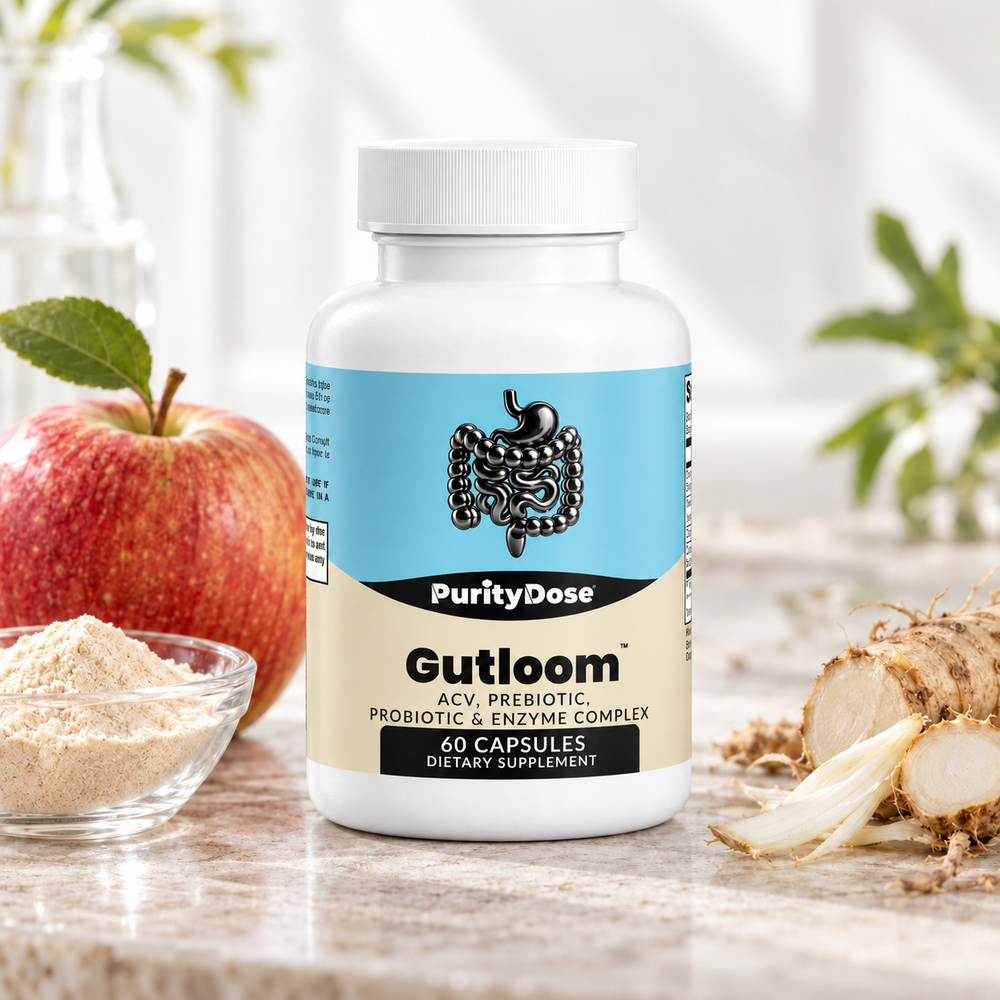 Gutloom current packaging in a bright glass setting with relevant formula context.
