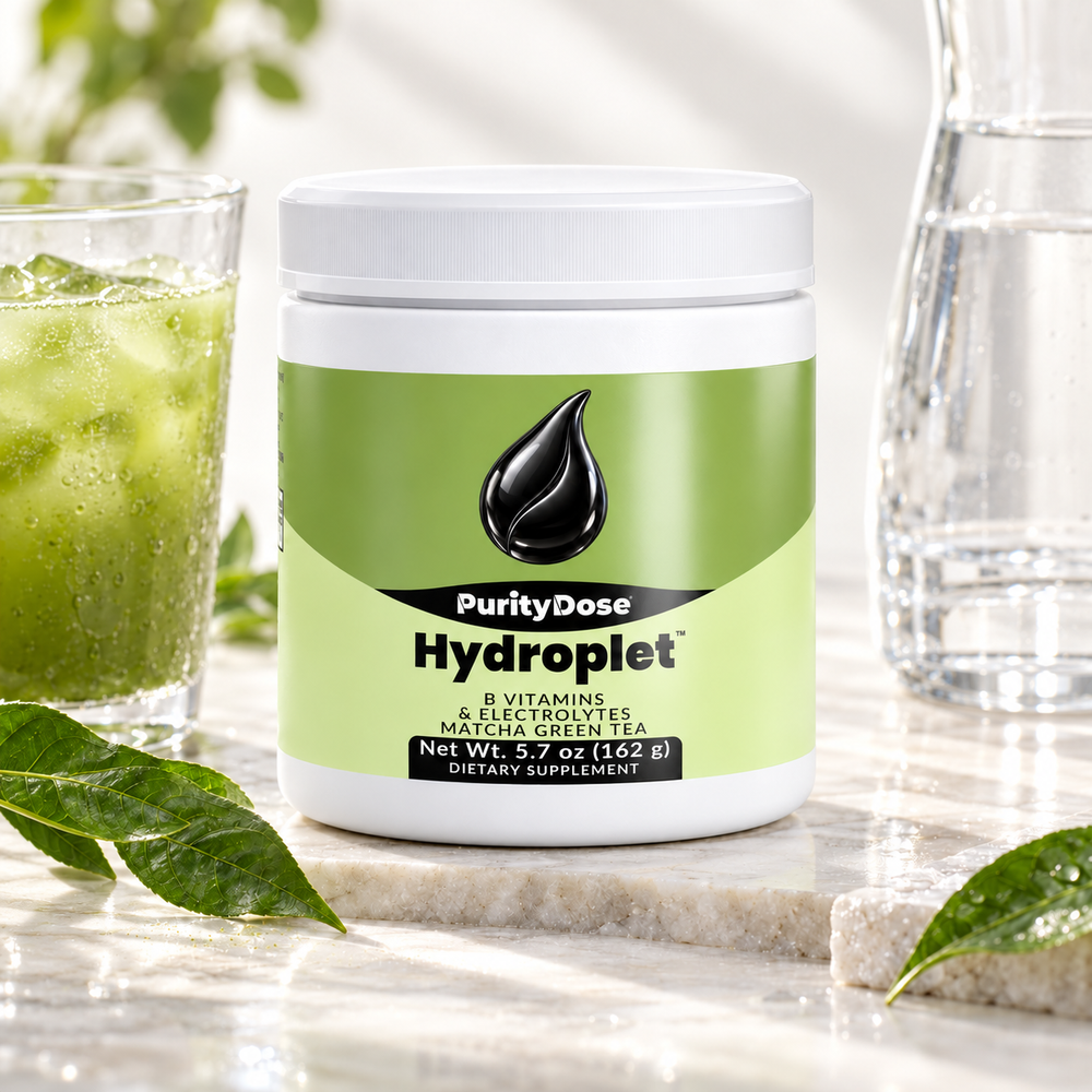 Hydroplet current packaging in a bright glass setting with relevant formula context.