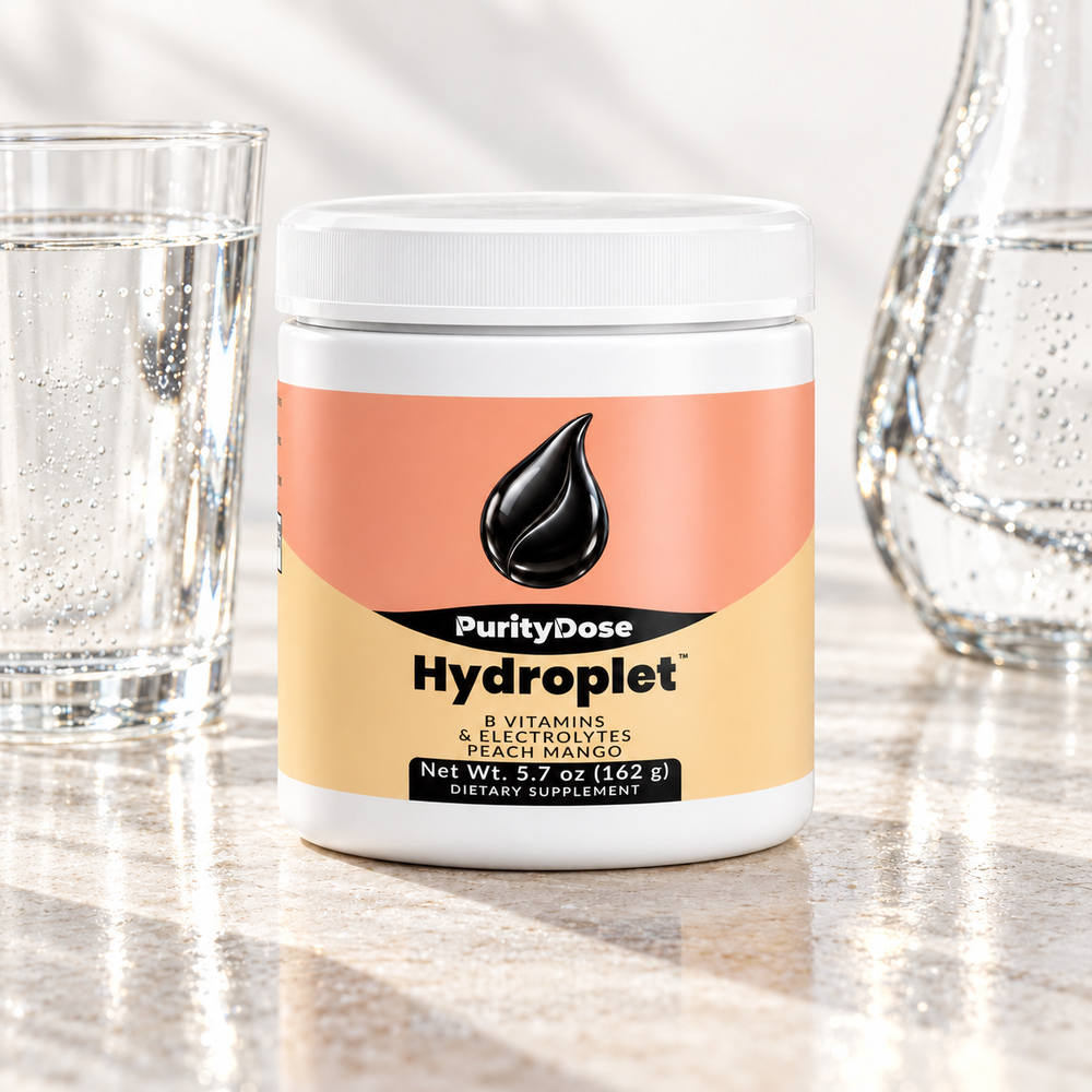 Hydroplet current packaging in a bright glass setting with relevant formula context.