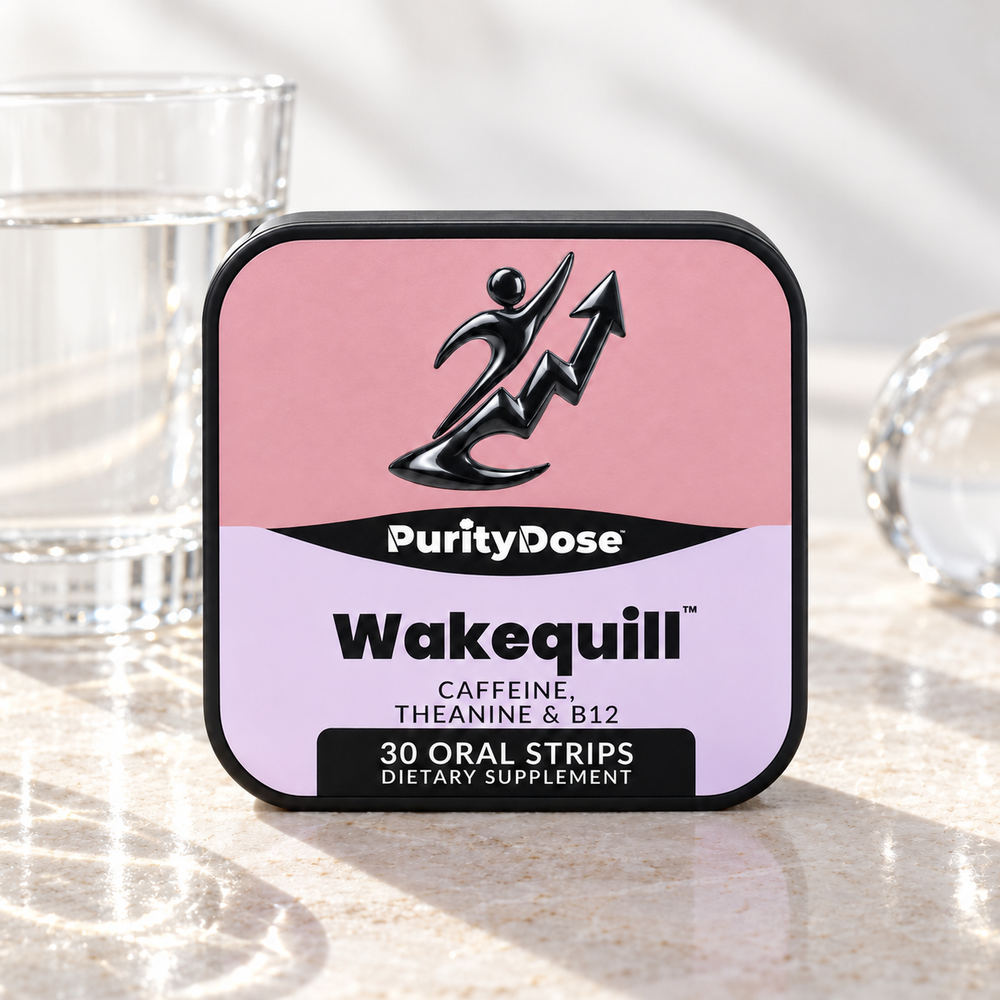 Wakequill current packaging in a bright glass setting with relevant formula context.