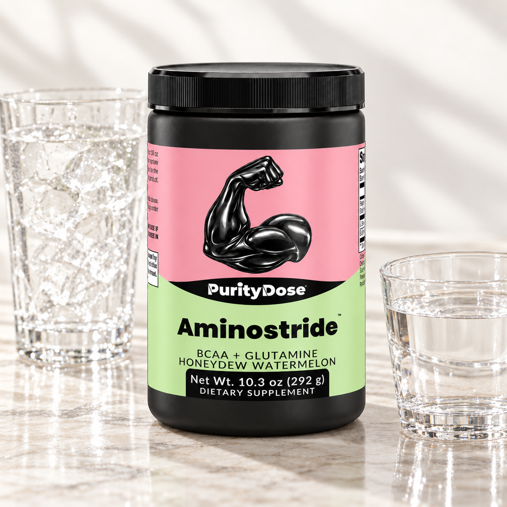 Aminostride current packaging in a bright glass setting with relevant formula context.