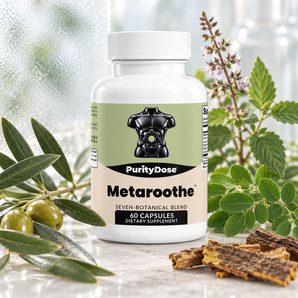 Metaroothe seven-botanical blend with olive leaves, moringa, holy basil and bark on a light glass background