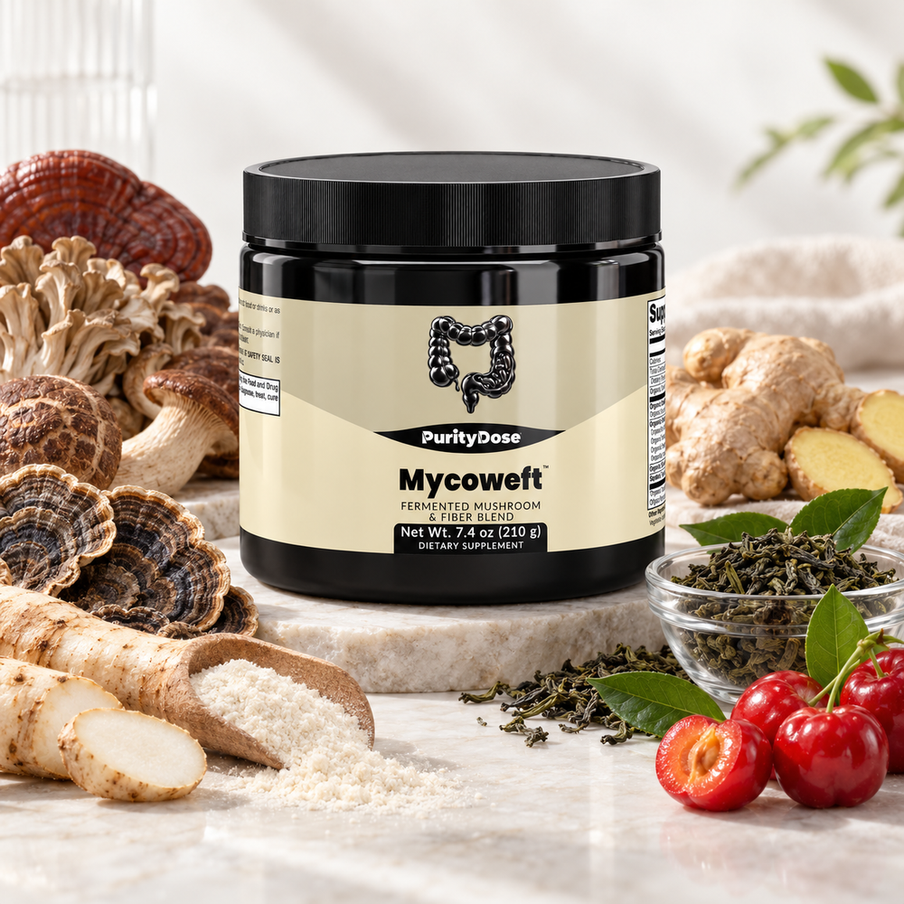 Mycoweft current packaging in a bright glass setting with relevant formula context.