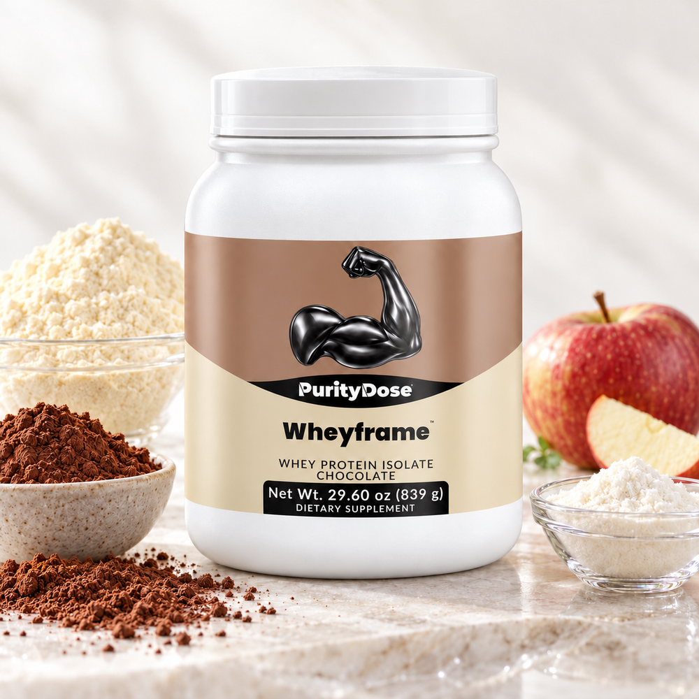 Wheyframe current packaging in a bright glass setting with relevant formula context.
