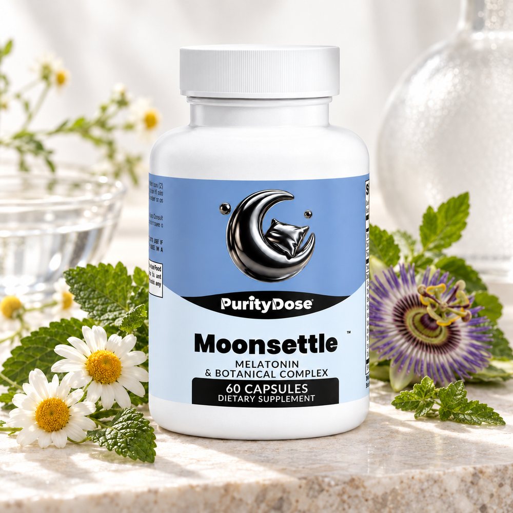 Moonsettle current packaging in a bright glass setting with relevant formula context.