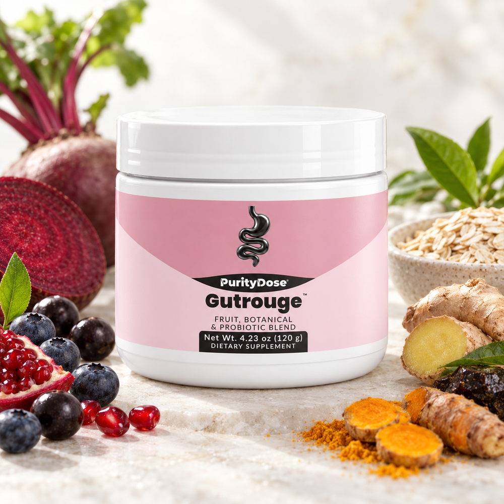 Gutrouge current packaging in a bright glass setting with relevant formula context.