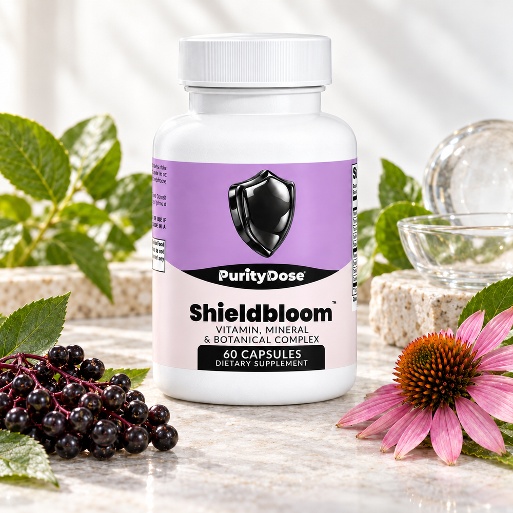 Shieldbloom current packaging in a bright glass setting with relevant formula context.