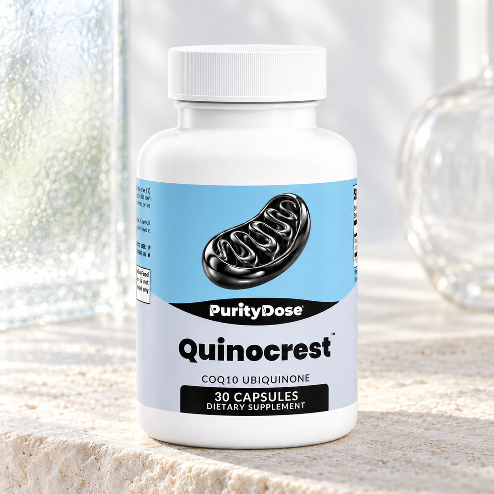 Quinocrest current packaging in a bright glass setting with relevant formula context.