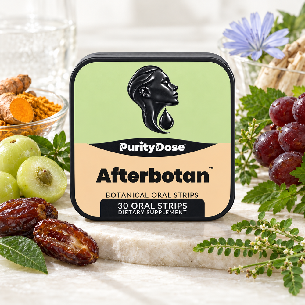 Afterbotan current packaging in a bright glass setting with relevant formula context.